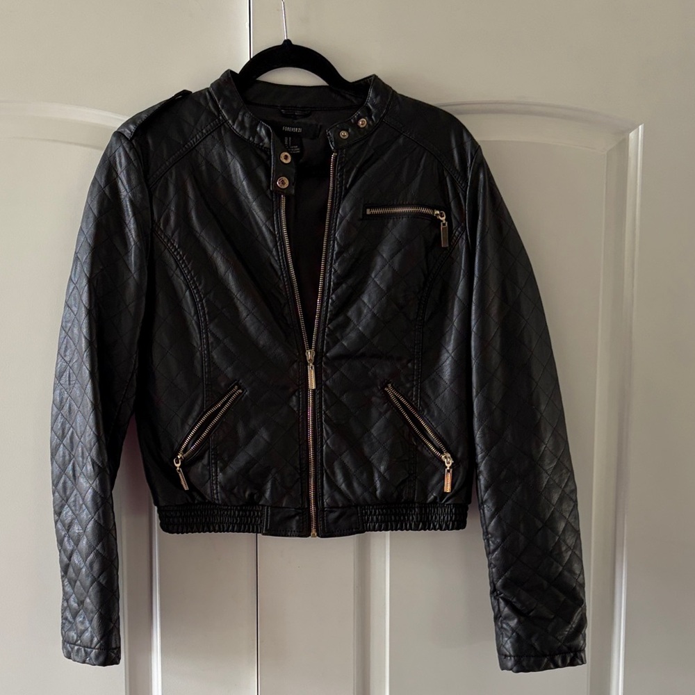 Forever 21 Black Quilted Moto faux leather  Jacket with Gold Hardware